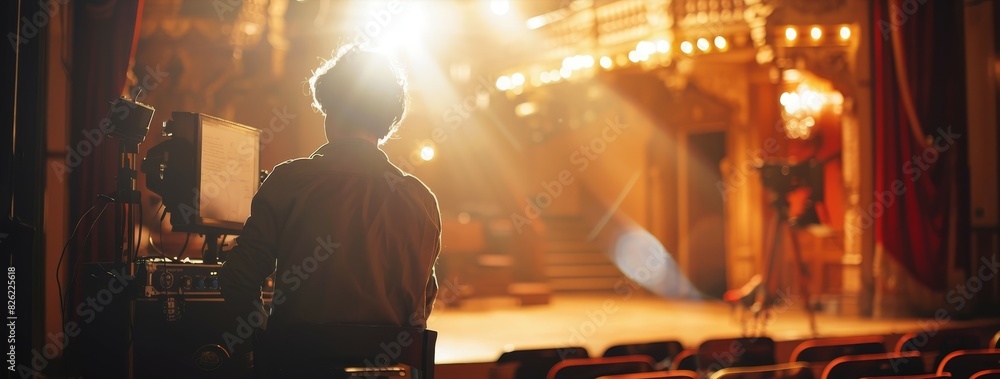 Poster Silhouette of a person in a theater setting with dramatic lighting, creating a nostalgic and artistic atmosphere perfect for creative projects.