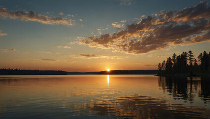 Obraz premium sky is orange and yellow, and the sun is setting behind some trees