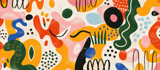 Playful and colorful abstract illustration with various shapes, patterns and textures in bright colors like red, yellow, green, pink, blue, orange and black