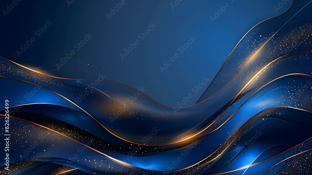Poster dark blue background with golden lines and text space abstract