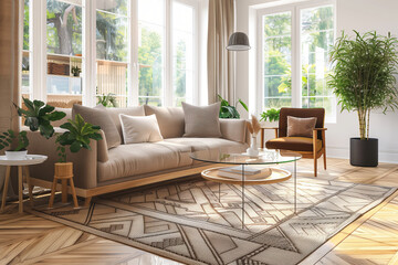 Fototapeta premium Step into this modern living room where sleek lines and minimalist design converge to create an ambiance of contemporary elegance.