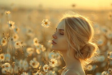 A woman with a bun is facing away from the camera in a field of daisies at sunset, evoking calm and tranquility