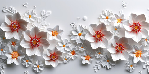 Delicate paper flowers in white with red and yellow centers on a light background.