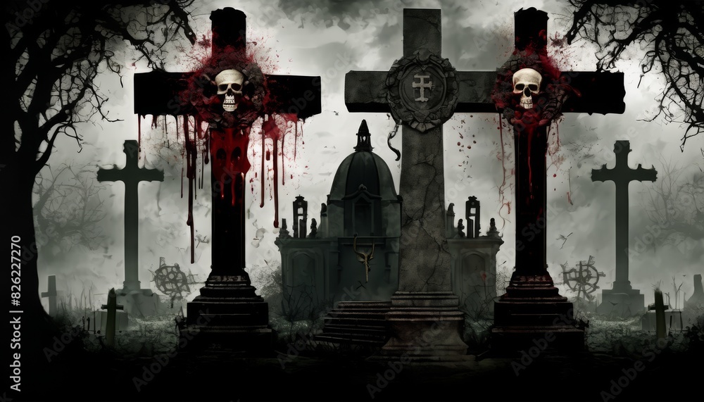 Poster a dark and atmospheric image of a foggy cemetery with three crosses topped with bloody skulls, a bac