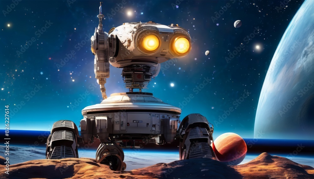 Poster a robot stands on a rocky alien planet with a large planet and moons visible in the sky above. ai ge