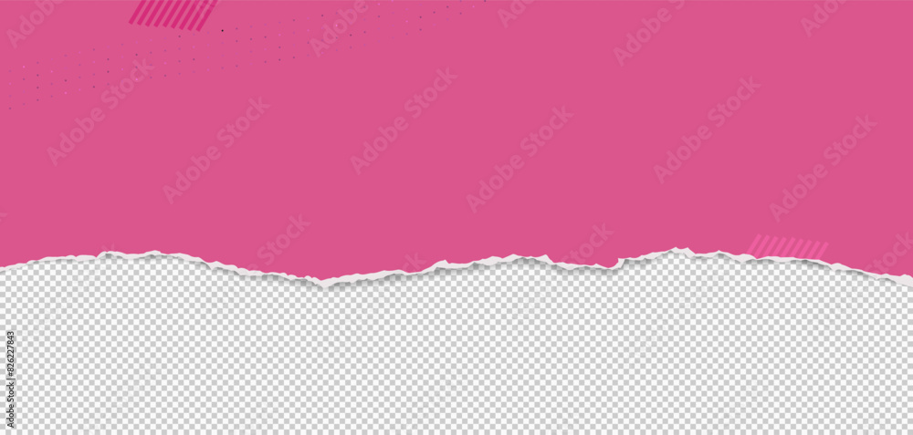 Poster white paper strip with torn edge and soft shadow is on grey squared background for text or ad.