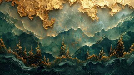 Green summer backdrop and wallpaper design with elaborate golden metallic wall art, creating a lavish and stylish atmosphere.