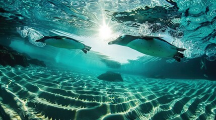  Underwater photo of a penguin swimming in the water with sunlight filtering through water waves