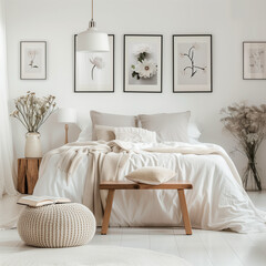 In the serene interior of a bedroom, soft morning light filters through billowing curtains, casting a gentle glow on the plush pillows adorning the neatly made bed.