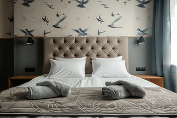 In the serene interior of a bedroom, soft morning light filters through billowing curtains, casting a gentle glow on the plush pillows adorning the neatly made bed.