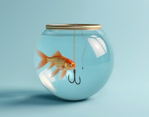 Lonely goldfish in fish bowl suspended by hook concept of captivity and isolation in animal world