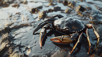 Fototapeta premium A stunned red crab, covered in oil, sits on a dirty seashore. An oil spill affecting marine life. An environmental disaster