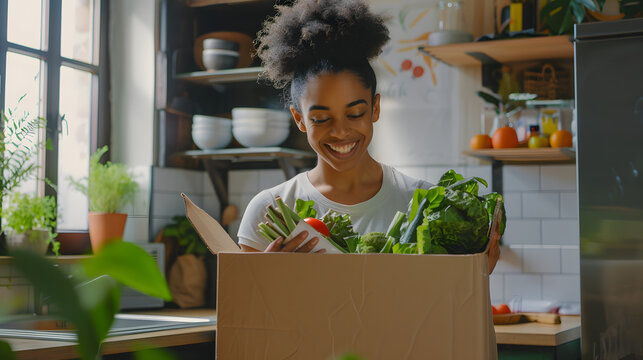 Happy biracial woman unpacking grocery shopping from recycled box in kitchen - Powered by Adobe