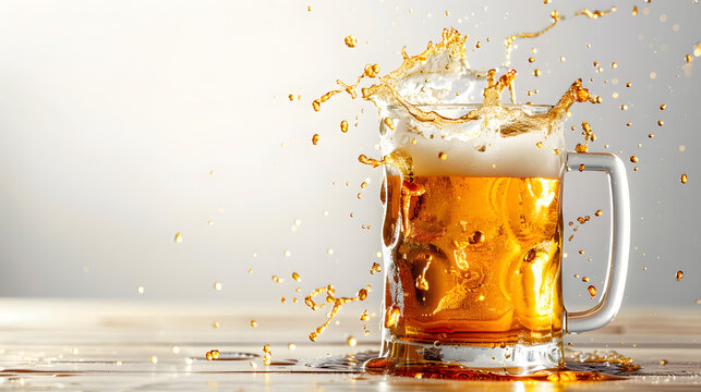 Cheers cold beer with splash coming out of mug isolated