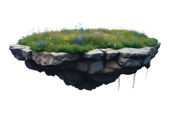 A floating island of vibrant wildflowers surrounded by a rocky shore, with a body of water in the background
