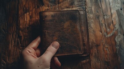 Wallet placed on a wooden table with a hand above it representing the concept of travel