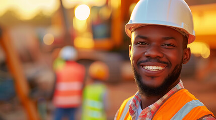 A man wearing a hard hat and orange vest is smiling. a smiling construction workers man The worker...