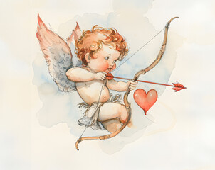 Watercolour little Cupid angel with bow and arrow, Valentine's day illustration
