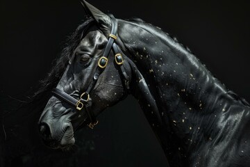 Stunning side view of a black horse adorned with a bridle, isolated on a dark backdrop