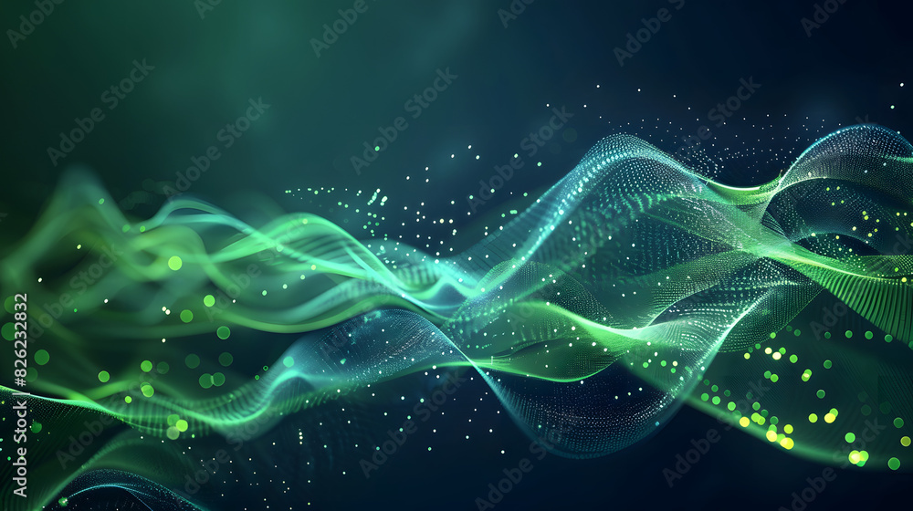 Poster abstract green wavy lines with particle dots and illumination on dark blue background abstract