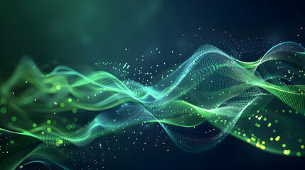 Abstract Green Wavy Lines with Particle Dots and Illumination on Dark Blue Background Abstract
