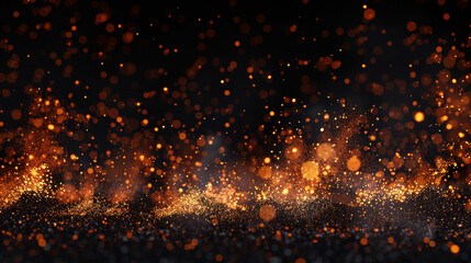 Abstract glitter fire particles on black background.
