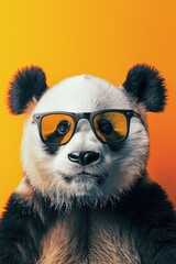 Cute funny animal panda in glasses on bright background, optics, funny poster, vision correction