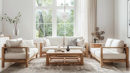 A living room with a white couch, a coffee table, and a vase with a plant