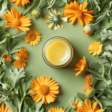 Close-up image of a jar of calendula cream surrounded by fresh marigold flowers and leaves on a solid green background.