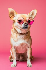 Cute funny pet dog chi hua hua in round glasses on bright background, optics, funny poster, vision correction