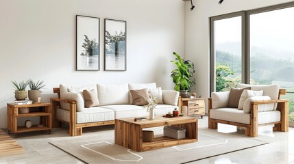 A living room with a wooden coffee table and a couch