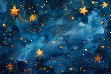 Watercolour illustration of a night sky full of golden stars