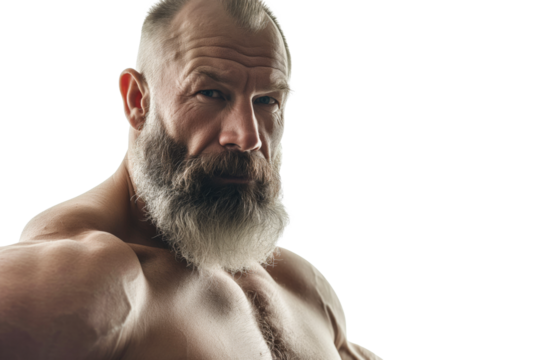Muscular Bearded Man Posing Shirtless with Serious Expression
