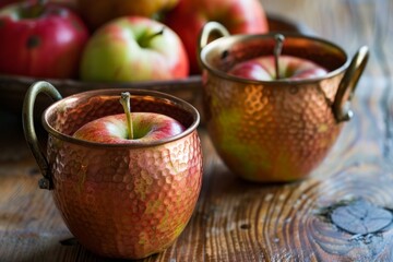 Fresh red and green apples presented in rustic copper cups against a wooden backdrop
