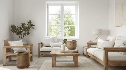 A living room with a white couch, two chairs, and a coffee table