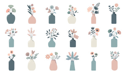 a large set of vases with flowers on a white background. Individual elements