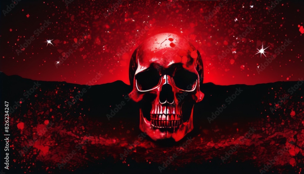 Poster a dramatic and intense depiction of a red glowing skull against a dark backdrop, embellished with sp
