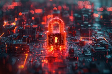 Red Neon Cybersecurity Lock Over Cityscape