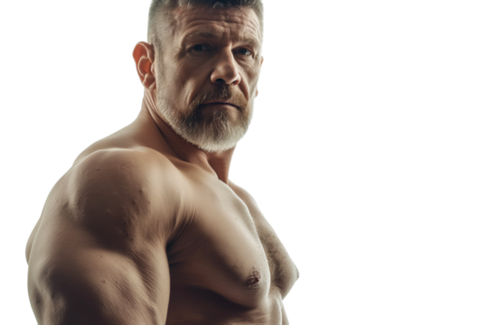 Muscular Bearded Man Posing Shirtless in Studio