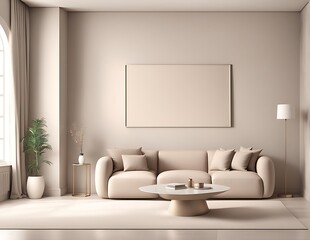 Light beige living room with Modern interior hall with furniture design mockup, ivory taupe plaster microcement wall, luxury nude accent lounge reception, 3D render