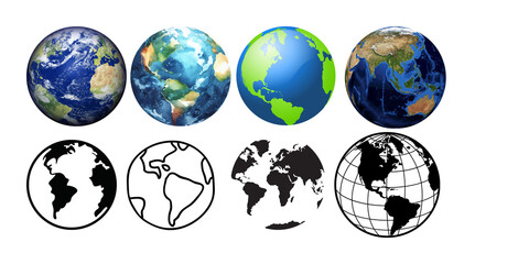 Set of Earth, collection of black and white earth planet, vector editorial, illustration