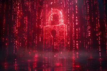 Digital Lock with Binary Code Rain in Red Hues