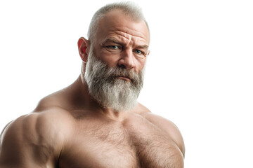 Obraz premium Muscular Bearded Man Posing Shirtless with Serious Expression