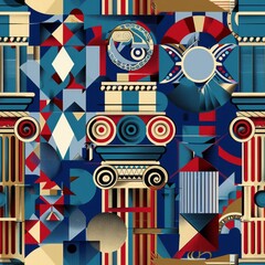 Obraz premium Abstract Geometric Artwork with Architectural Elements and Vibrant Colors