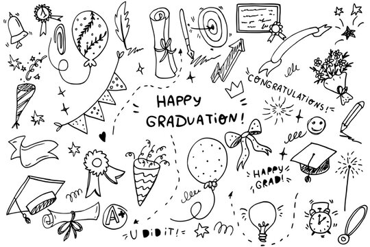 Set Graduation concept doodle icon. Perfect for university, school poster, flyer, web, textile design. Vector illustration. 
