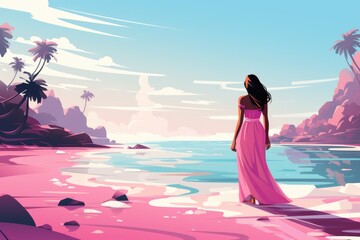 woman in pink dress on tropical beach illustration