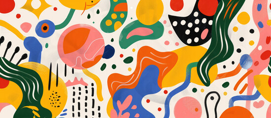 Playful and colorful abstract illustration with various shapes, patterns and textures in bright colors like red, yellow, green, pink, blue, orange and black