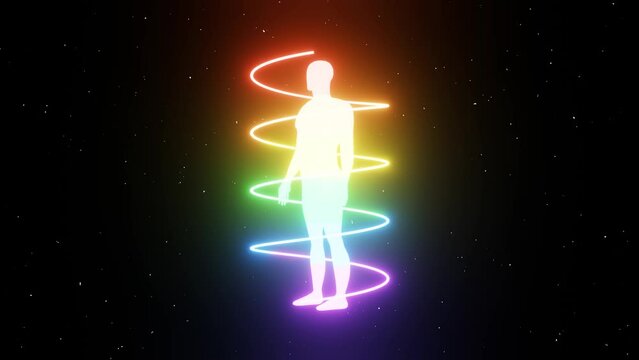 3d Glowing calming spirituality psychedelic euphoria human with neon rainbow LGBT Pride hoops aura in the space with glowing stars, abstract cyber 4K , Y2K 80s retro background	. Loop animation
