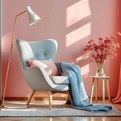 
In this modern living room, a sleek chair sits elegantly beside a minimalist lamp, casting a soft glow across the contemporary space. 