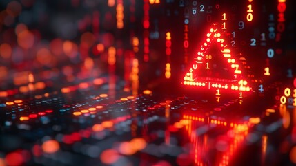 Digital Red Alert Triangle on Binary Background